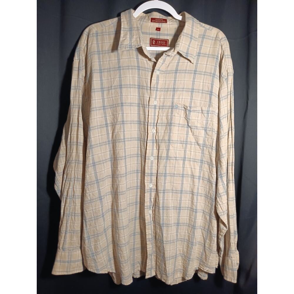 IZOD Luxury Sport Linen Cotton Blend Long Sleeve Button Up Tan Light Blue Plaid